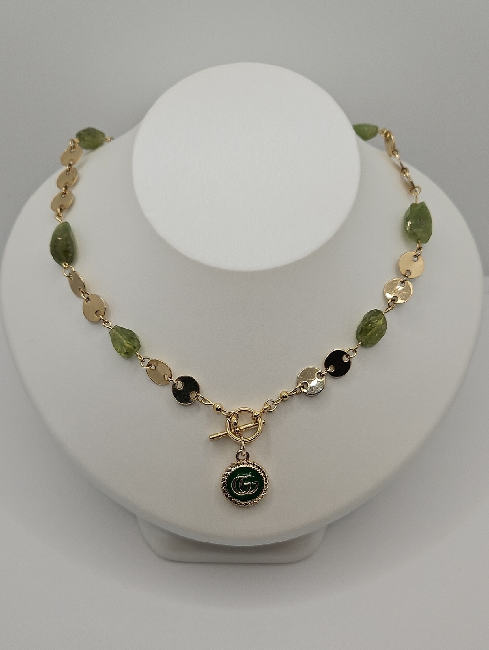 Gucci Upcycled Necklace with Green Stone Accents Handcrafted